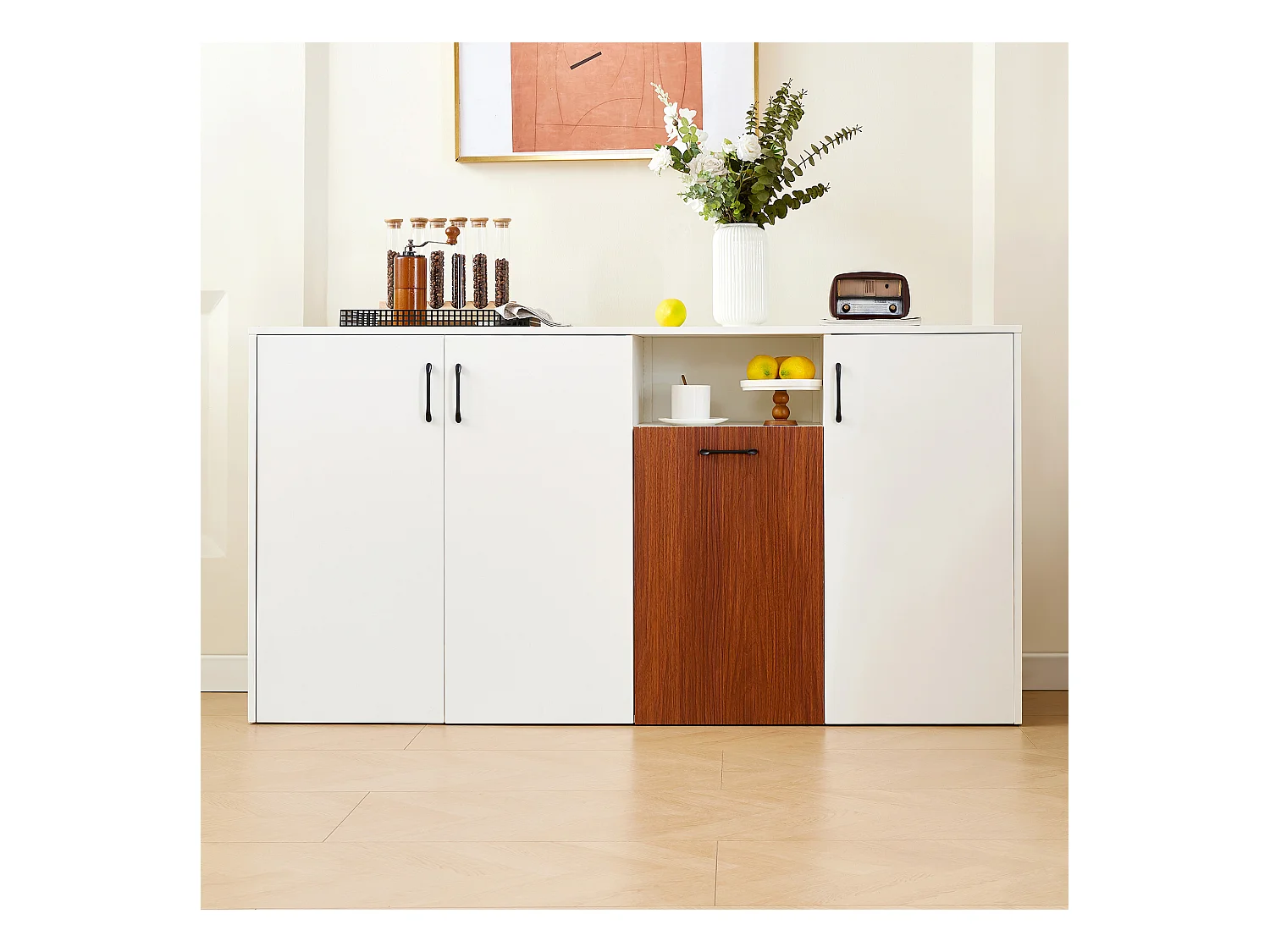 Buffet moderne, 3 portes sans poignées, en panneau de particules, blanc (160x40x80 cm)