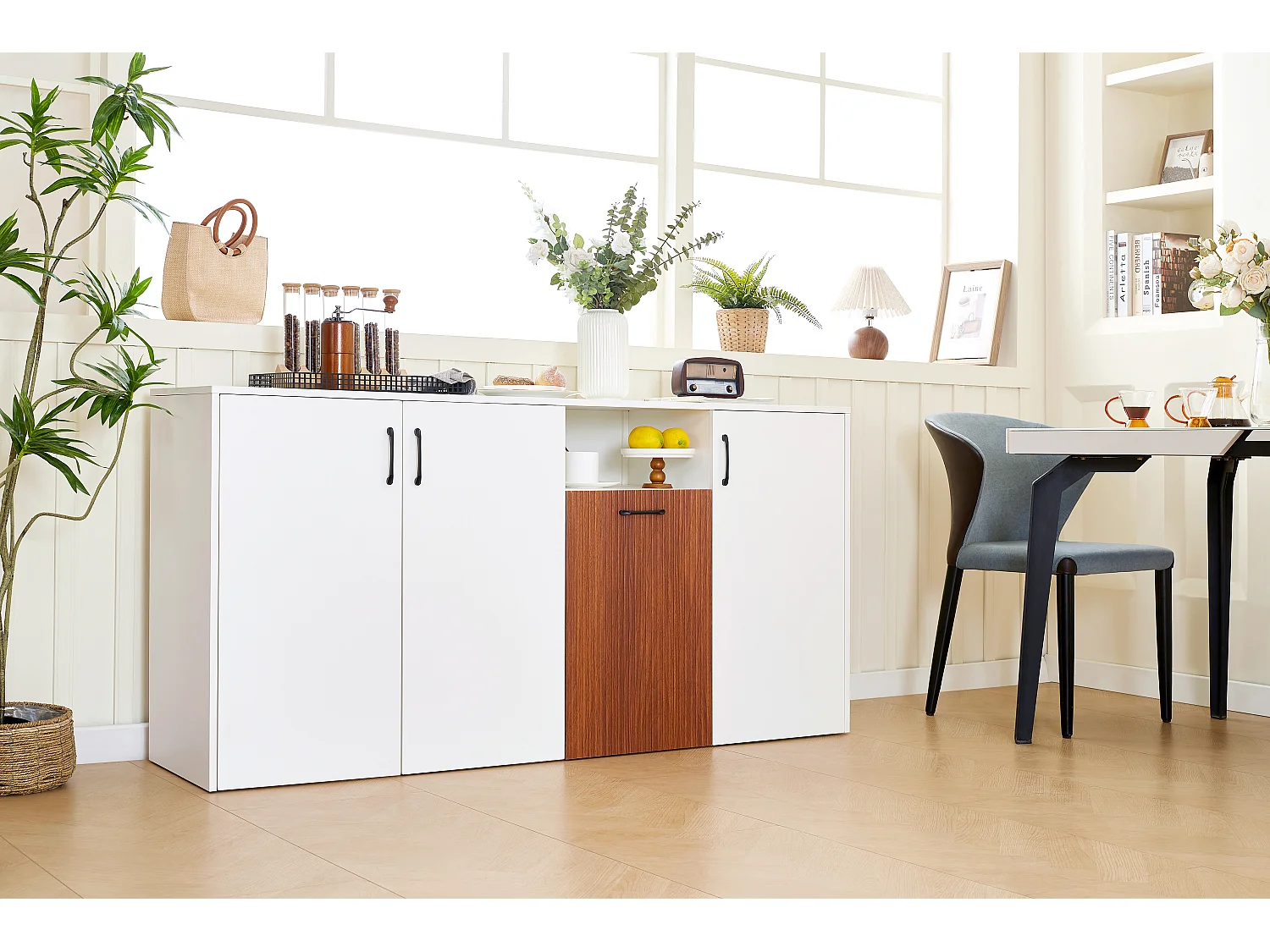 Buffet moderne, 3 portes sans poignées, en panneau de particules, blanc (160x40x80 cm)