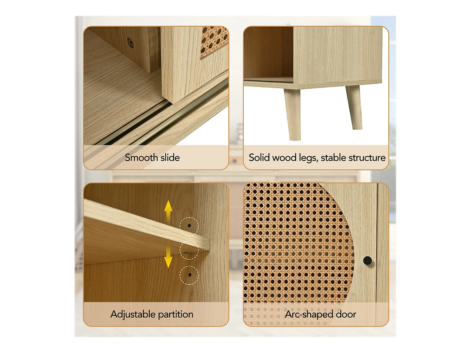 Buffet en bois avec portes en rattan, 3 tiroirs, MDF, Chêne, (140x40x78 cm)