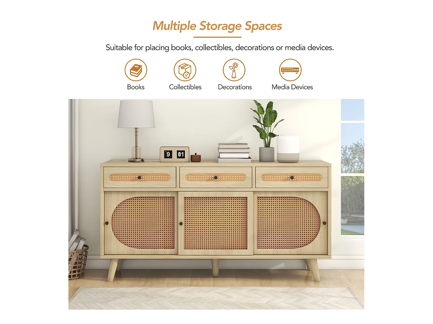 Buffet en bois avec portes en rattan, 3 tiroirs, MDF, Chêne, (140x40x78 cm)