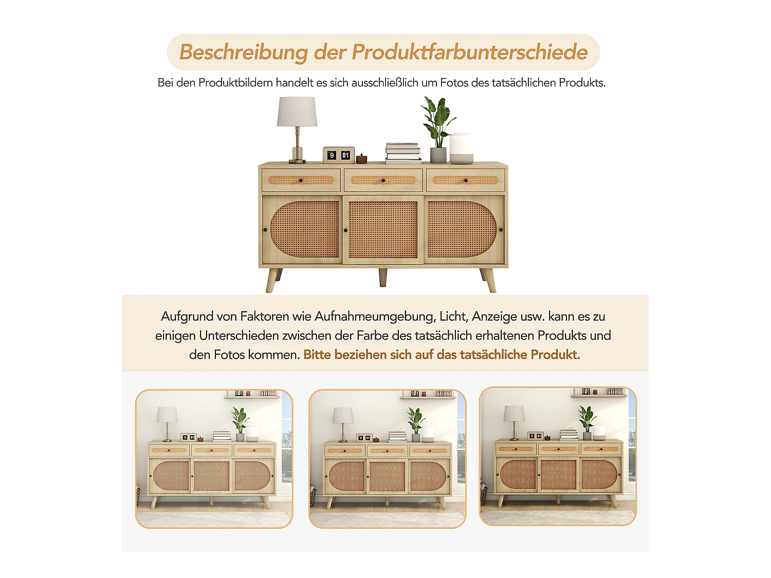 Buffet en bois avec portes en rattan, 3 tiroirs, MDF, Chêne, (140x40x78 cm)