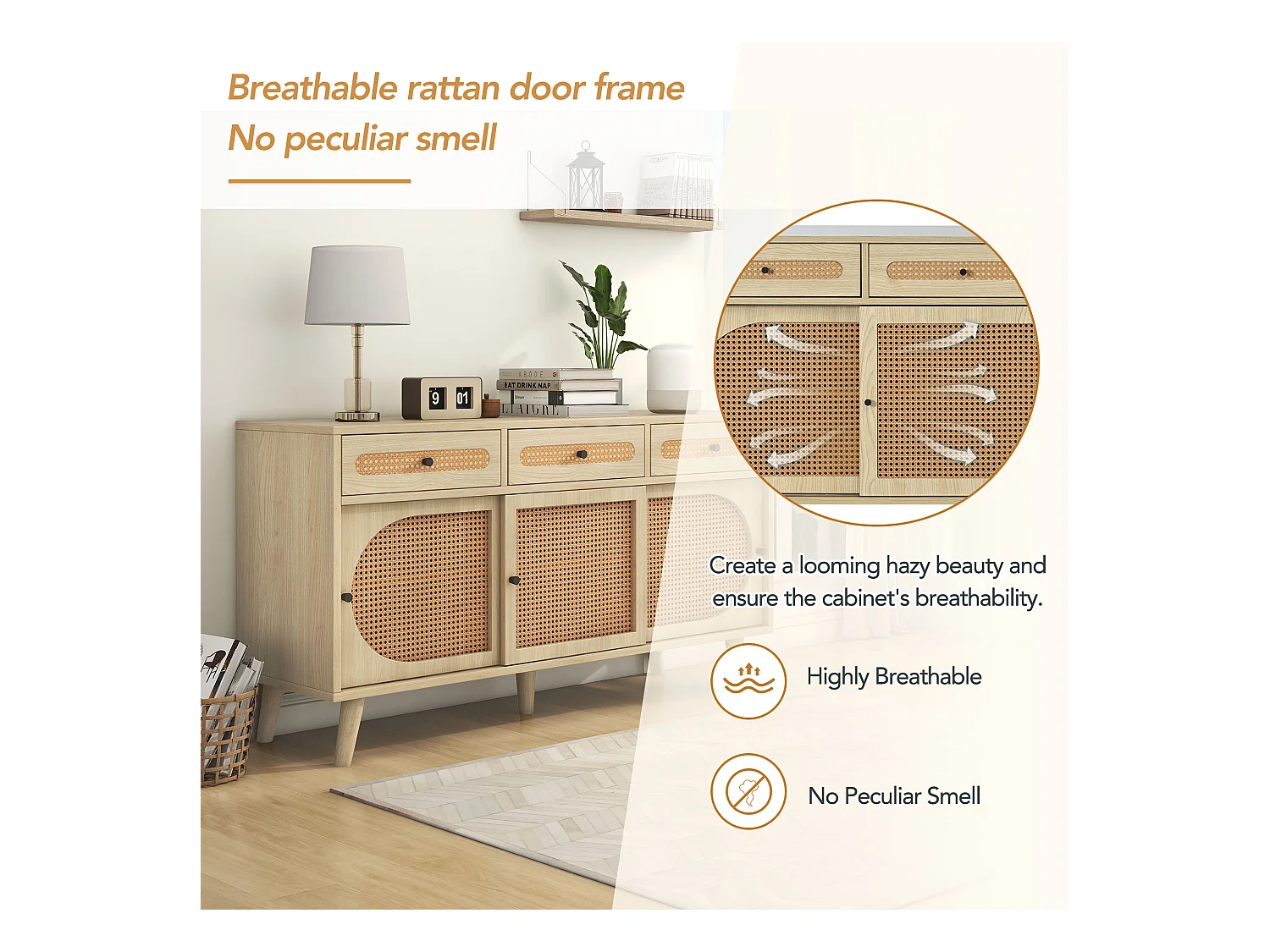 Buffet en bois avec portes en rattan, 3 tiroirs, MDF, Chêne, (140x40x78 cm)