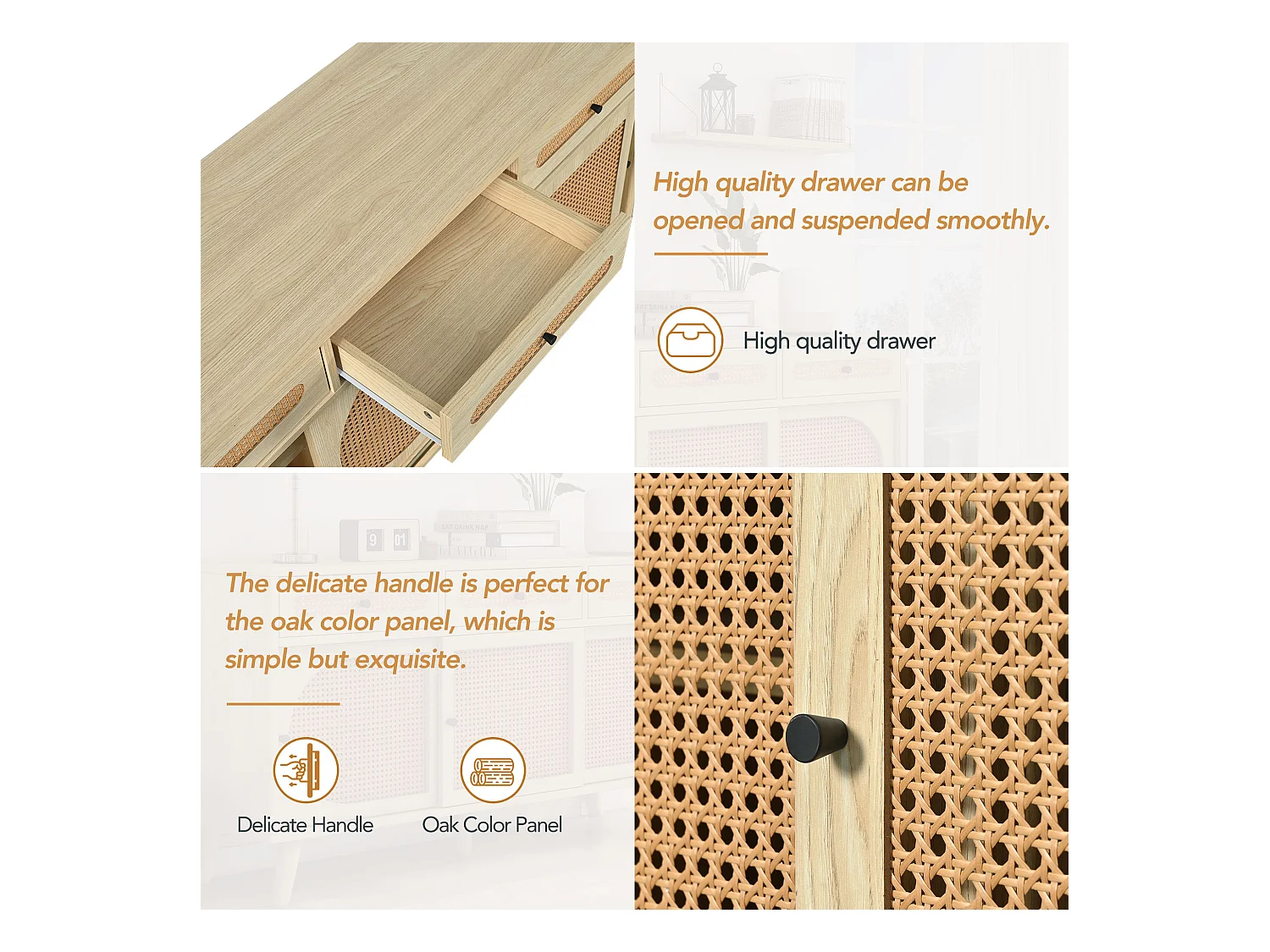 Buffet en bois avec portes en rattan, 3 tiroirs, MDF, Chêne, (140x40x78 cm)