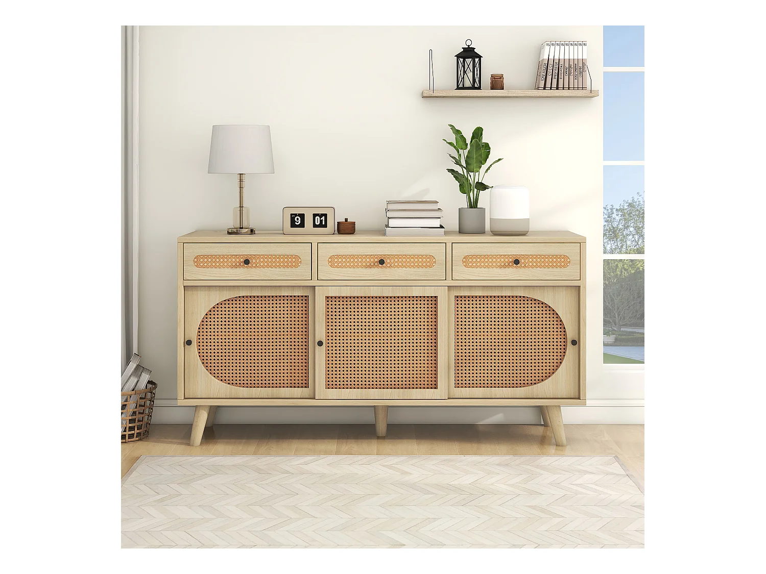 Buffet en bois avec portes en rattan, 3 tiroirs, MDF, Chêne, (140x40x78 cm)