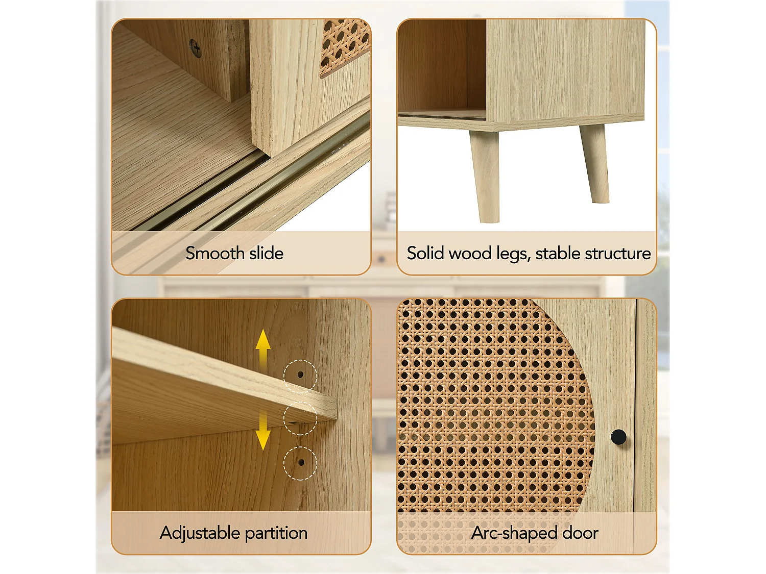 Buffet en bois avec portes en rattan, 3 tiroirs, MDF, Chêne, (140x40x78 cm)