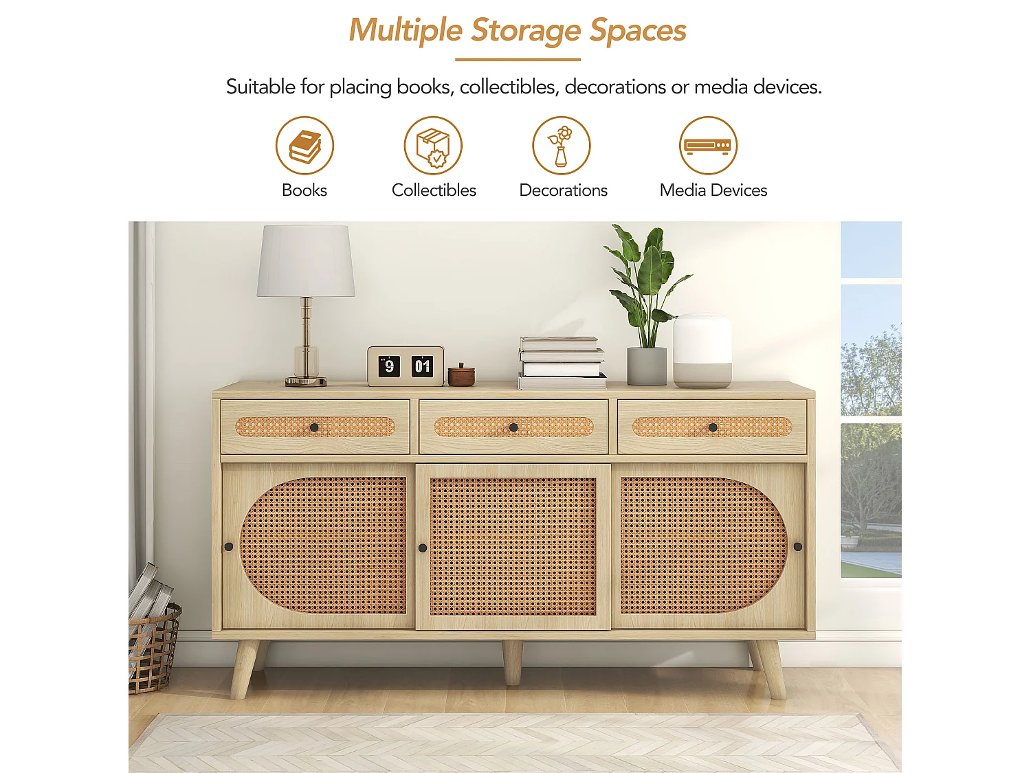 Buffet en bois avec portes en rattan, 3 tiroirs, MDF, Chêne, (140x40x78 cm)