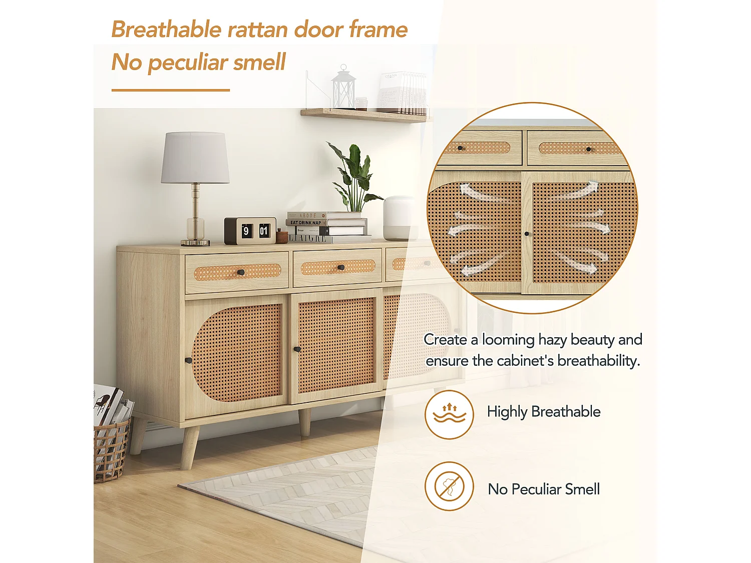 Buffet en bois avec portes en rattan, 3 tiroirs, MDF, Chêne, (140x40x78 cm)