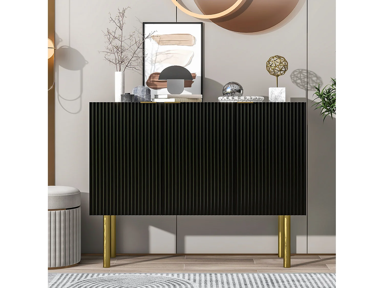 Buffet moderne avec 3 portes, grands espaces de rangement, étagères réglables, MDF, métal, noir (120x38x93 cm)