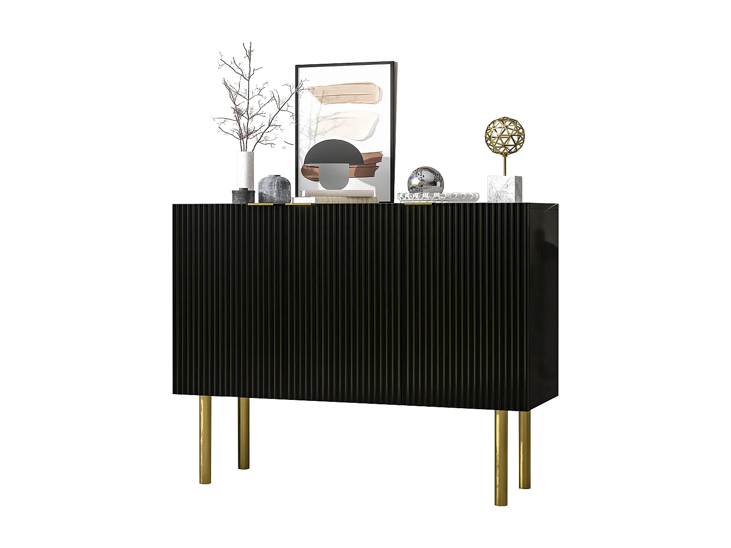 Buffet moderne avec 3 portes, grands espaces de rangement, étagères réglables, MDF, métal, noir (120x38x93 cm)
