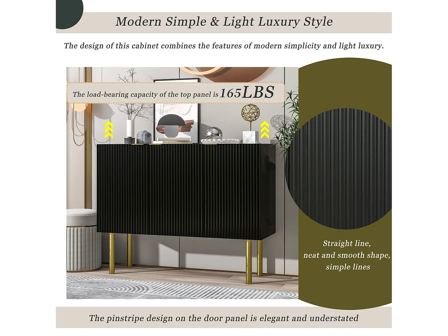 Buffet moderne avec 3 portes, grands espaces de rangement, étagères réglables, MDF, métal, noir (120x38x93 cm)