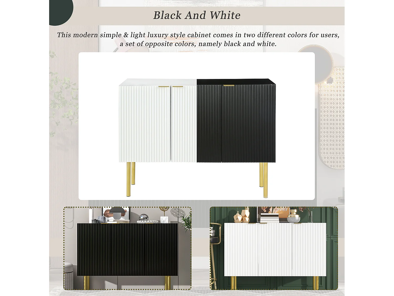 Buffet moderne avec 3 portes, grands espaces de rangement, étagères réglables, MDF, métal, noir (120x38x93 cm)