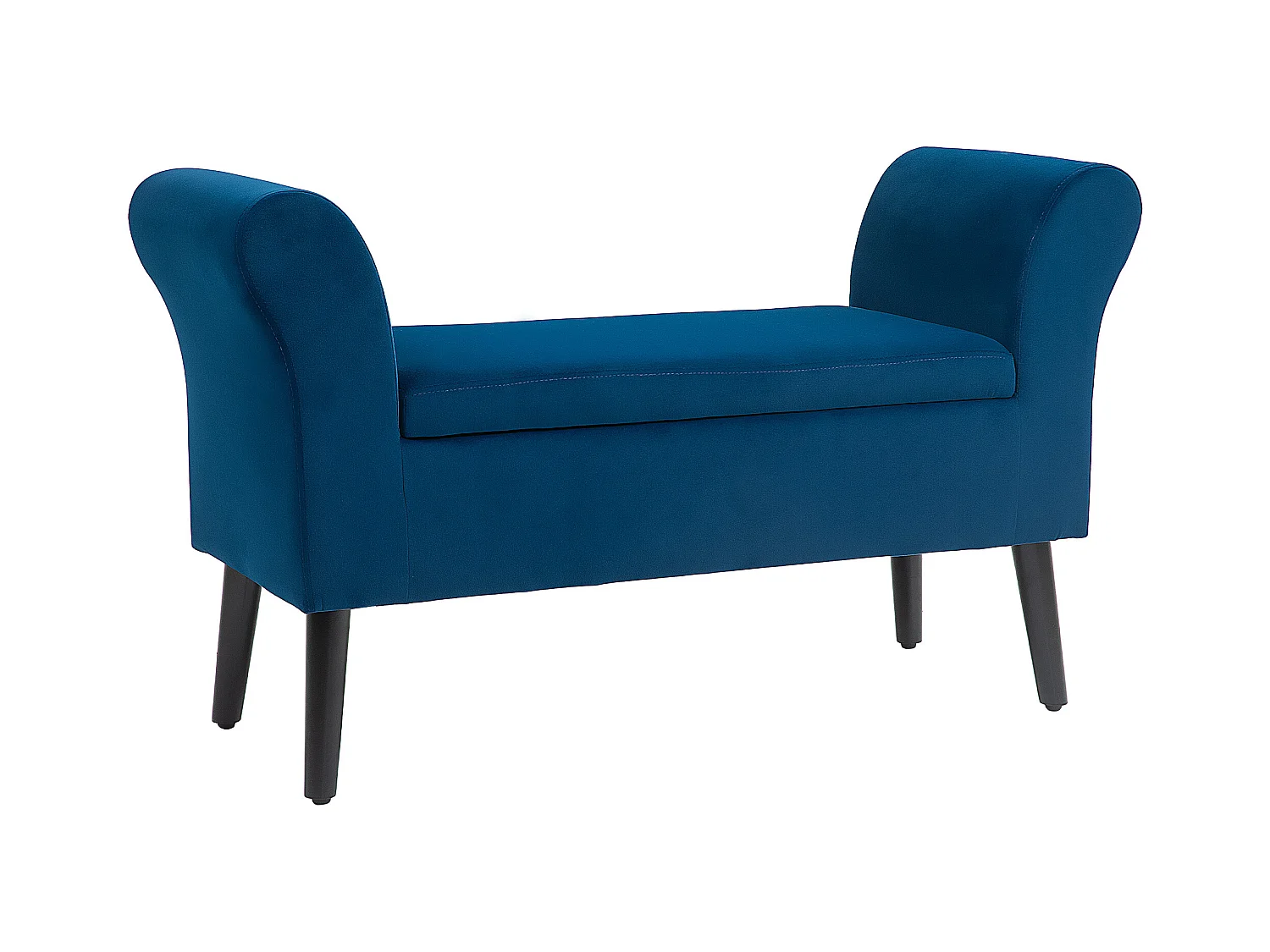 Panca contenitore con braccioli, velluto blu, gambe in legno, altezza seduta 46 cm (111,5x41x65 cm)