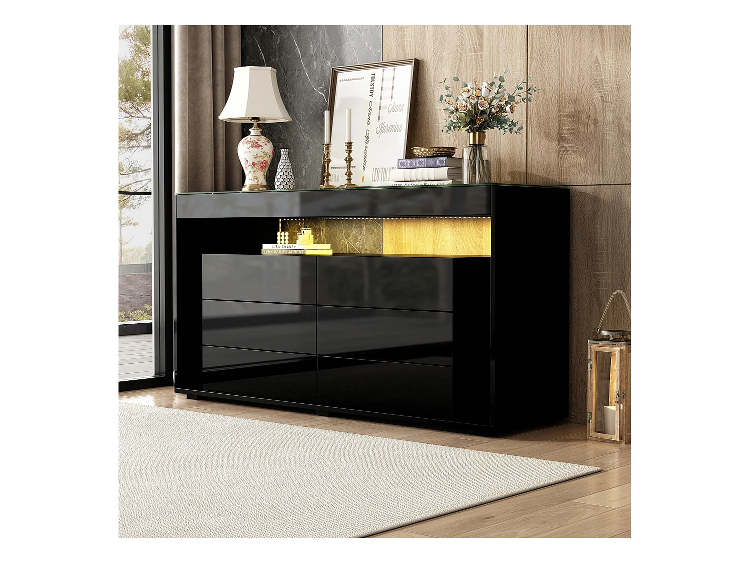 Buffet moderne avec 6 tiroirs, LED et verre trempé, 2 étagères ouvertes, noir (140x35x70 cm)