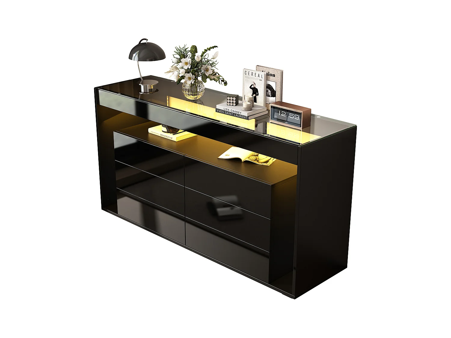 Buffet moderne avec 6 tiroirs, LED et verre trempé, 2 étagères ouvertes, noir (140x35x70 cm)