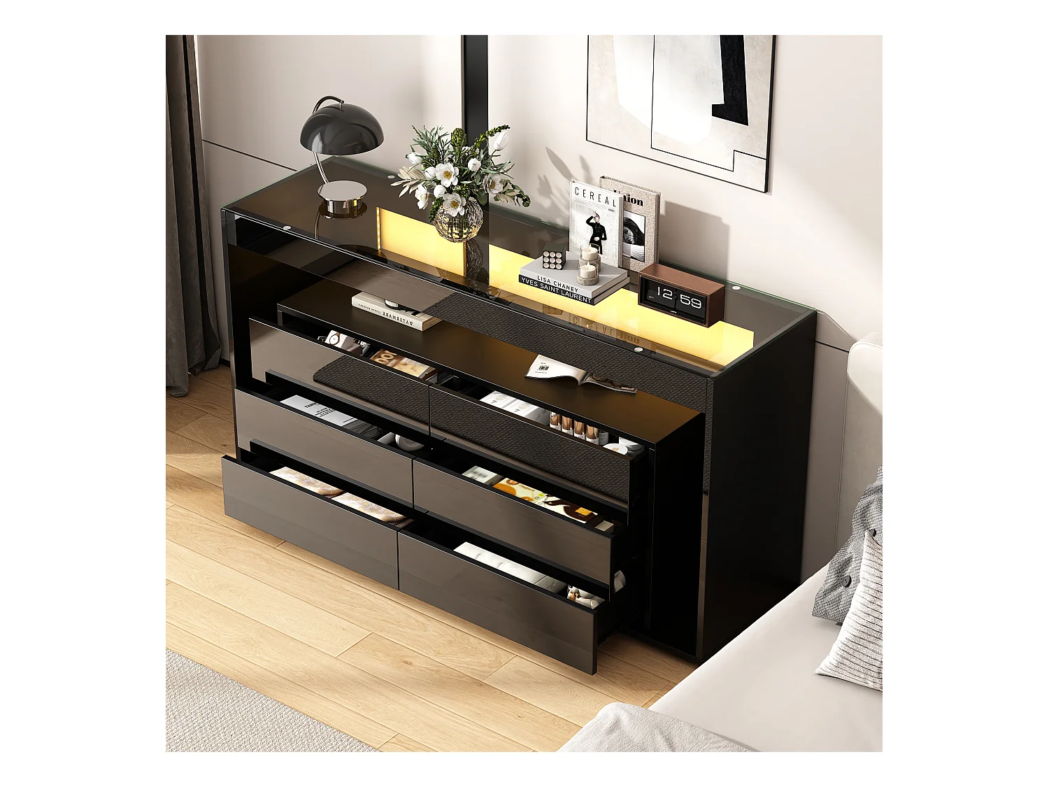 Buffet moderne avec 6 tiroirs, LED et verre trempé, 2 étagères ouvertes, noir (140x35x70 cm)