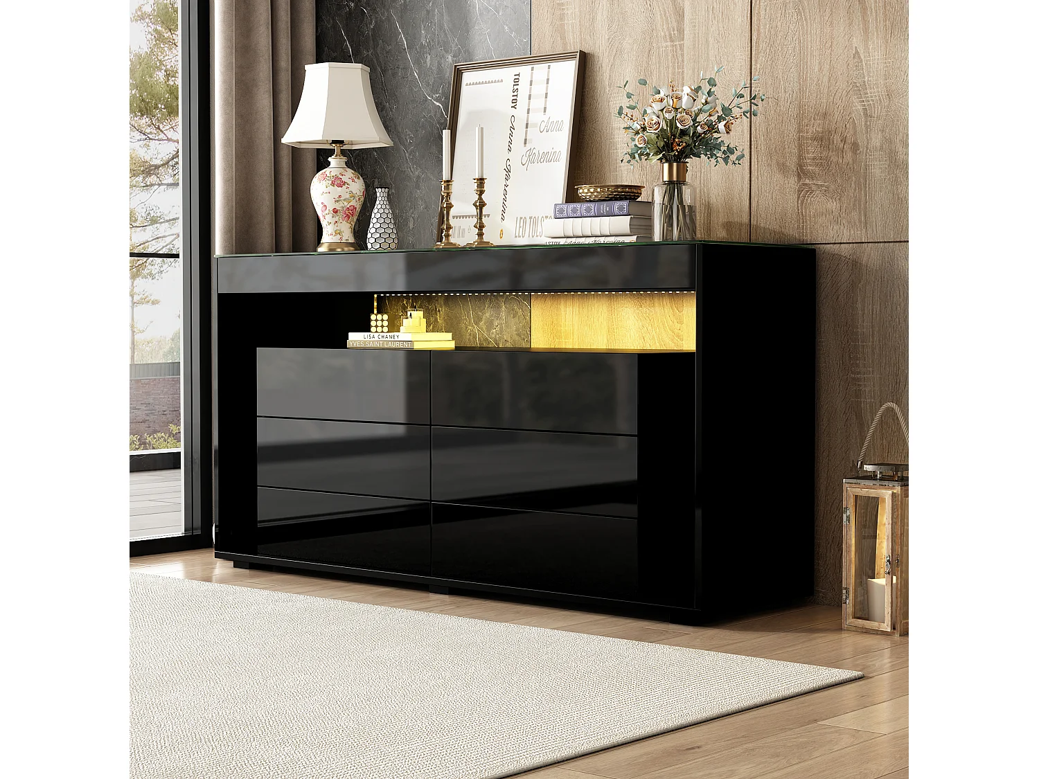 Buffet moderne avec 6 tiroirs, LED et verre trempé, 2 étagères ouvertes, noir (140x35x70 cm)
