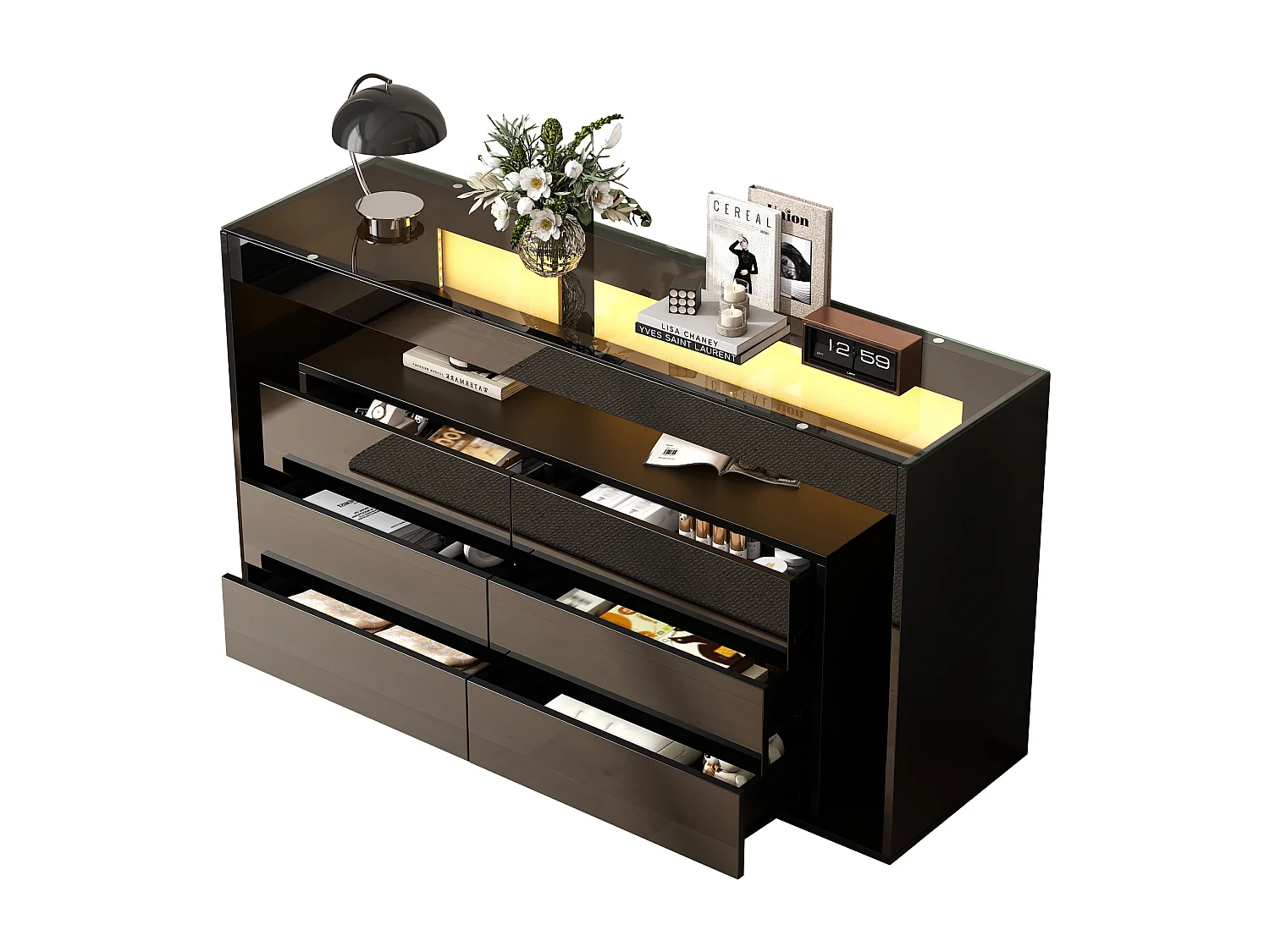 Buffet moderne avec 6 tiroirs, LED et verre trempé, 2 étagères ouvertes, noir (140x35x70 cm)