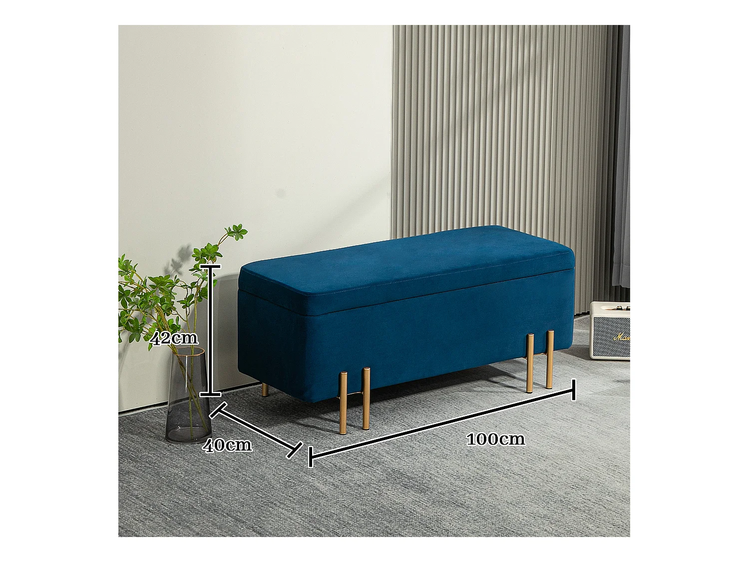 Banc coffre de rangement, tissu et bois, rembourré, bleu marine, multifonctionnel (100x40x42cm)