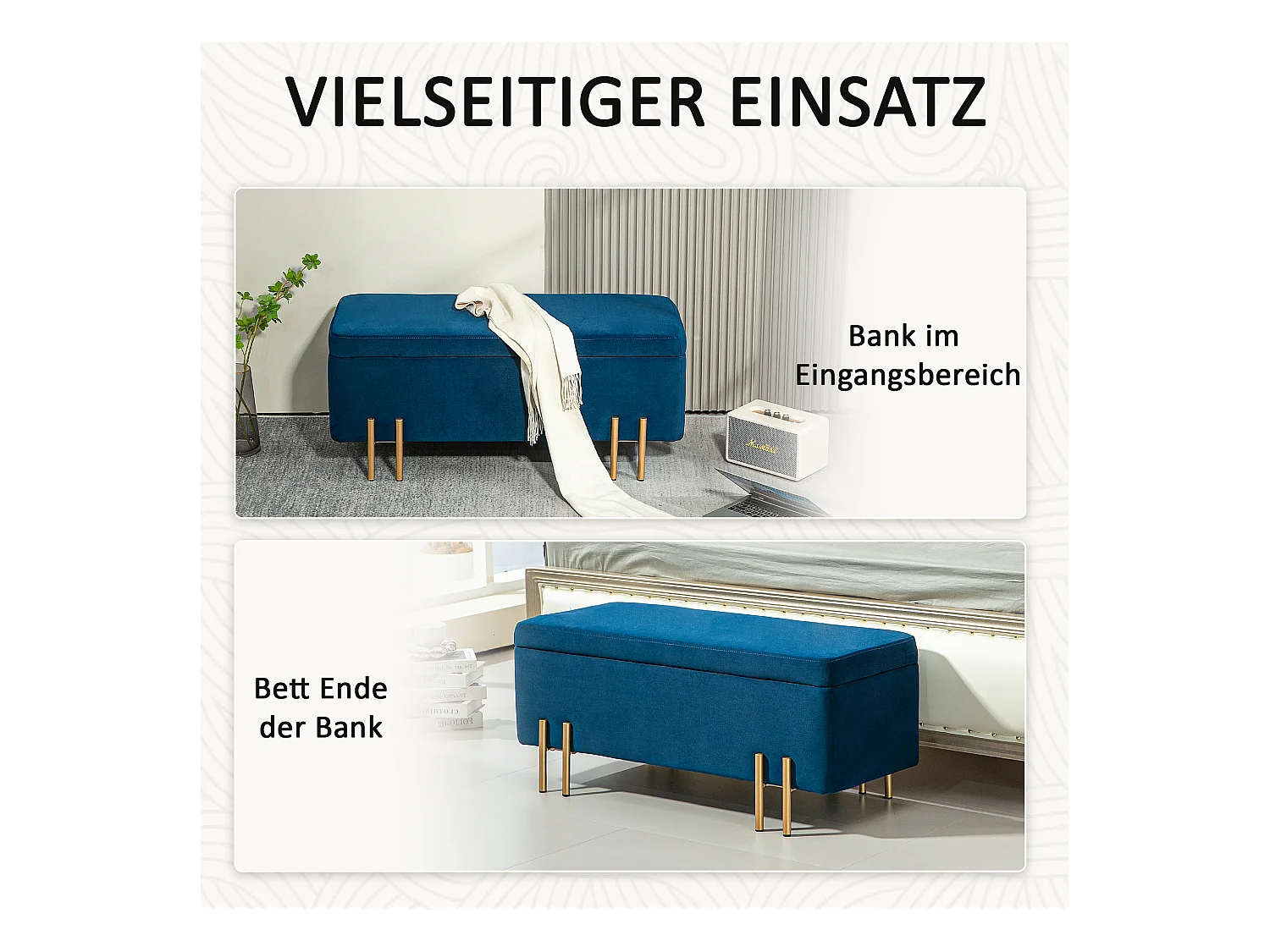 Banc coffre de rangement, tissu et bois, rembourré, bleu marine, multifonctionnel (100x40x42cm)