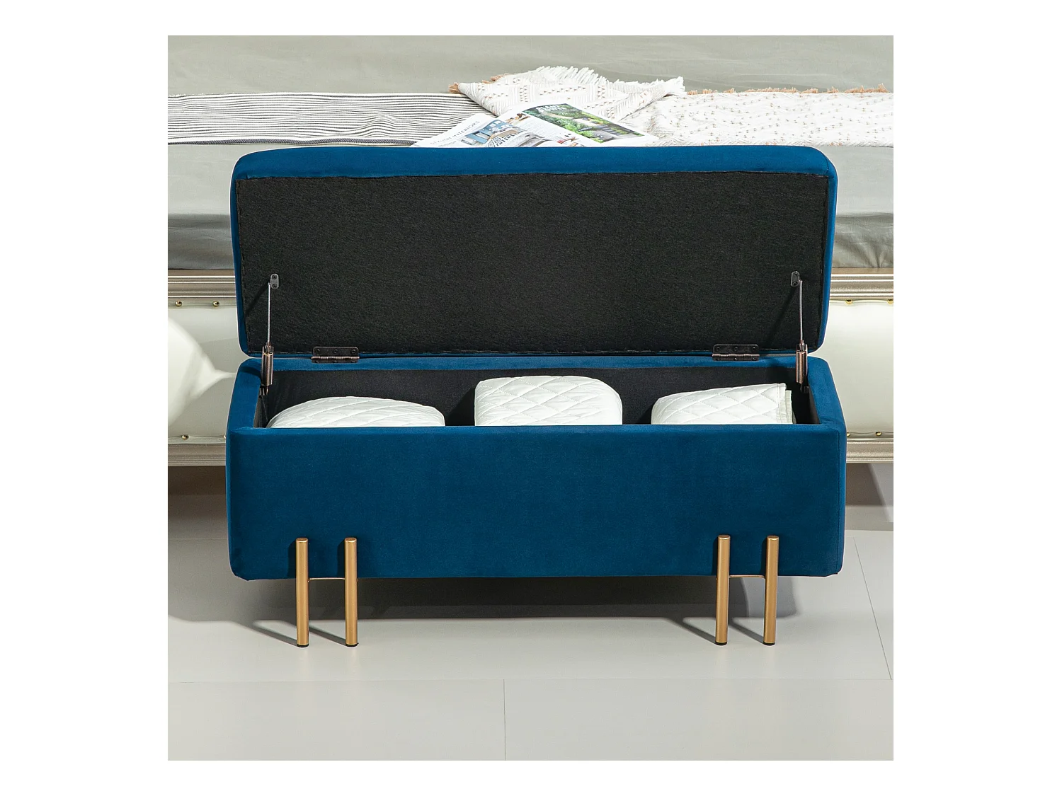 Banc coffre de rangement, tissu et bois, rembourré, bleu marine, multifonctionnel (100x40x42cm)