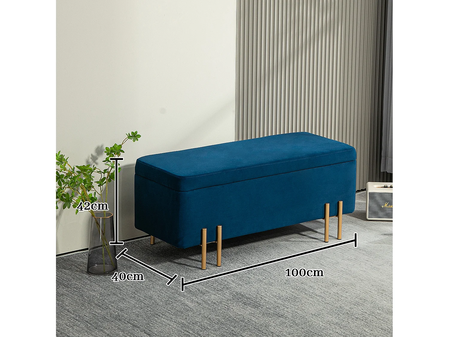 Banc coffre de rangement, tissu et bois, rembourré, bleu marine, multifonctionnel (100x40x42cm)