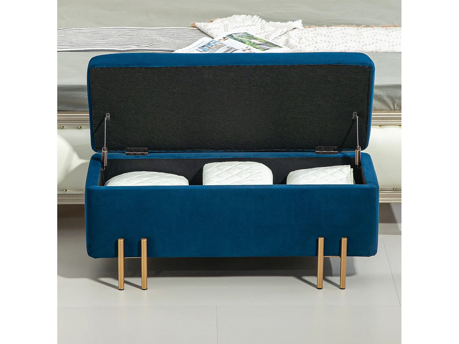 Banc coffre de rangement, tissu et bois, rembourré, bleu marine, multifonctionnel (100x40x42cm)