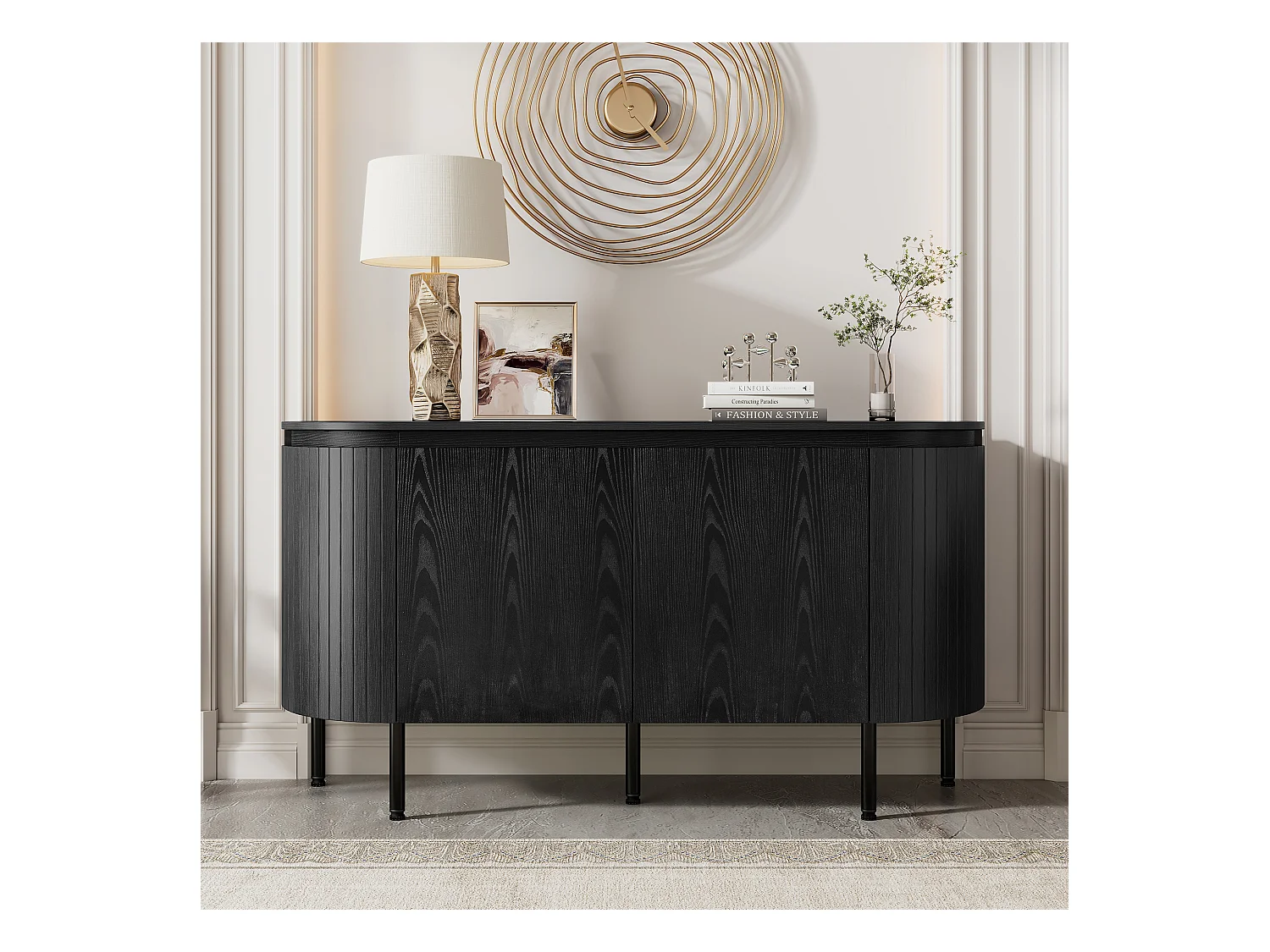 Buffet moderne avec étagères réglables et pieds métalliques, MDF, Noir, (145x43x78 cm)