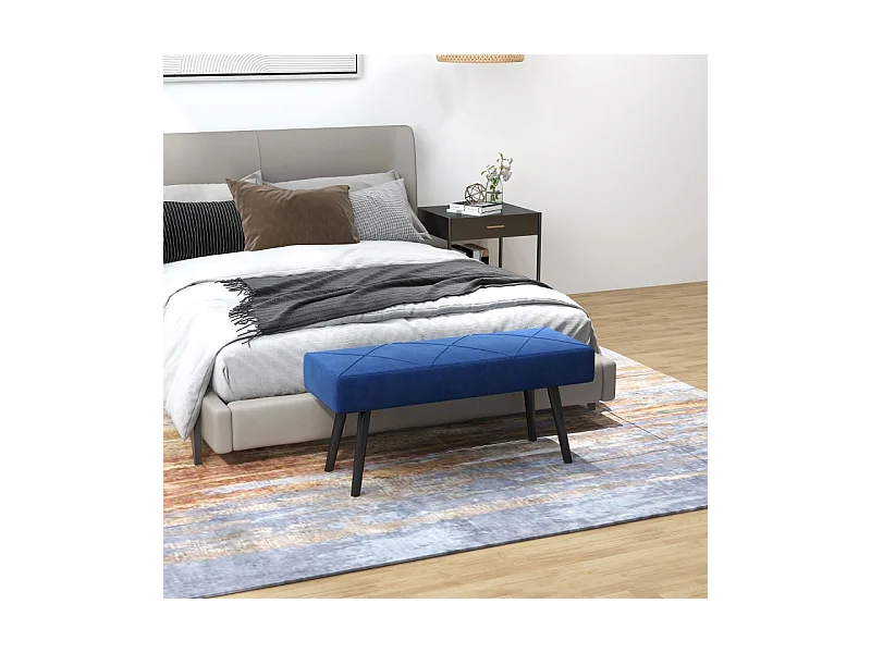 Banc de rangement rembourré, avec motif X, velours, pieds en acier, bleu, (100x36x45 cm)
