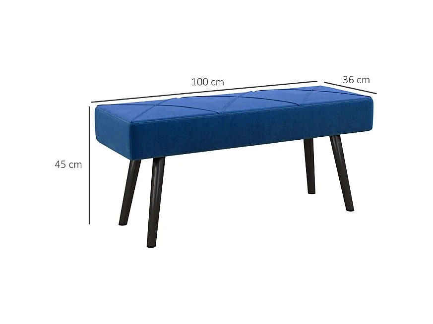 Banc de rangement rembourré, avec motif X, velours, pieds en acier, bleu, (100x36x45 cm)