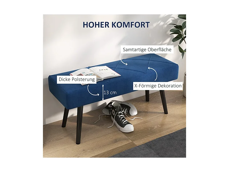 Banc de rangement rembourré, avec motif X, velours, pieds en acier, bleu, (100x36x45 cm)