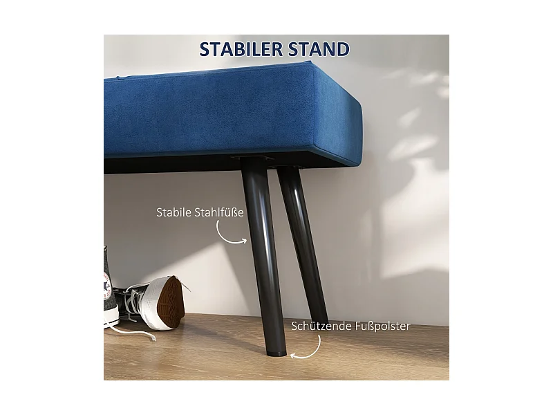 Banc de rangement rembourré, avec motif X, velours, pieds en acier, bleu, (100x36x45 cm)