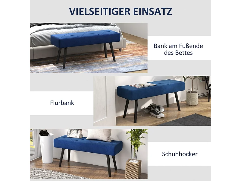 Banc de rangement rembourré, avec motif X, velours, pieds en acier, bleu, (100x36x45 cm)