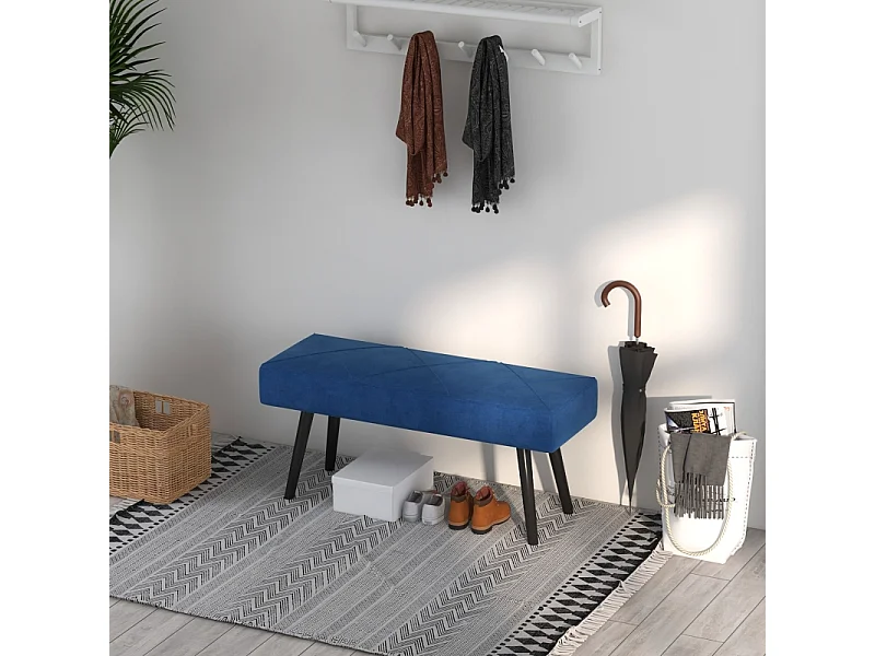 Banc de rangement rembourré, avec motif X, velours, pieds en acier, bleu, (100x36x45 cm)