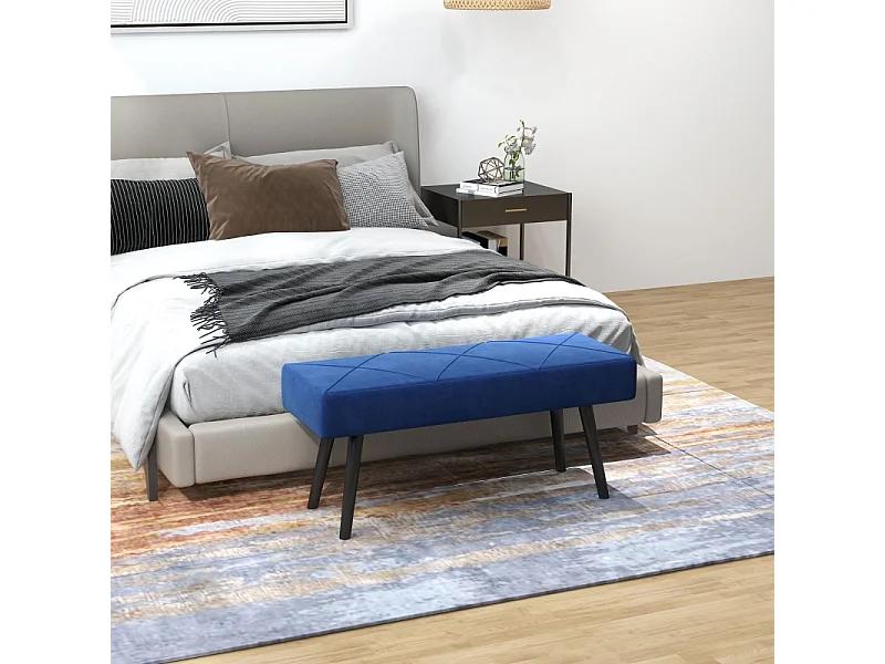 Banc de rangement rembourré, avec motif X, velours, pieds en acier, bleu, (100x36x45 cm)
