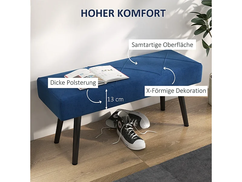 Banc de rangement rembourré, avec motif X, velours, pieds en acier, bleu, (100x36x45 cm)