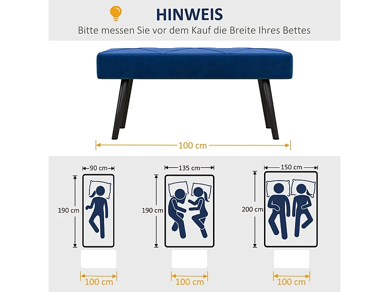 Banc de rangement rembourré, avec motif X, velours, pieds en acier, bleu, (100x36x45 cm)