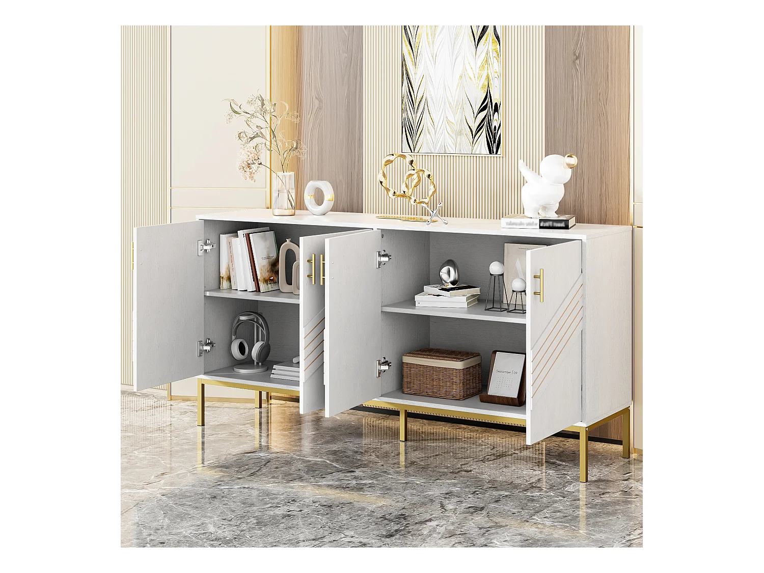 Buffet moderne avec 4 portes, MDF, blanc et bois, avec étagères réglables, (160x40x80.5 cm)