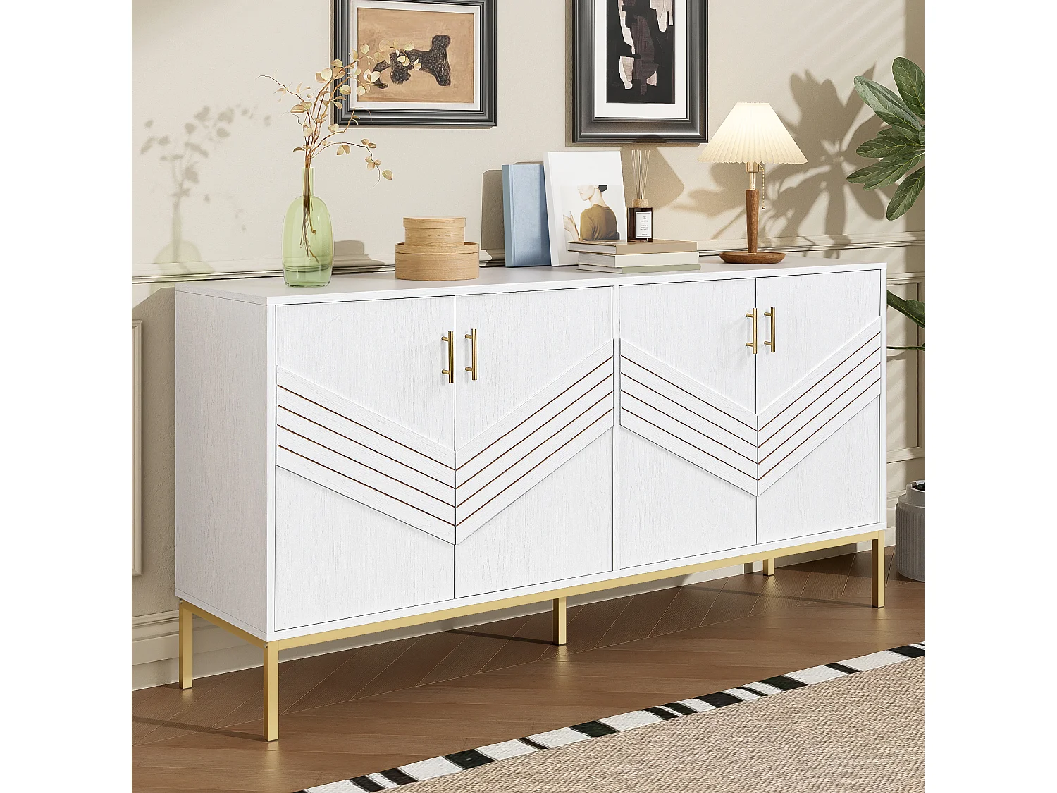 Buffet moderne avec 4 portes, MDF, blanc et bois, avec étagères réglables, (160x40x80.5 cm)
