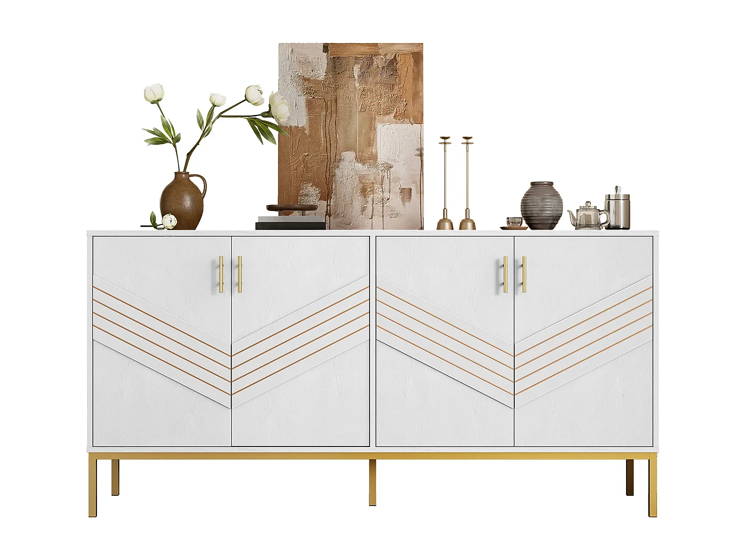 Buffet moderne avec 4 portes, MDF, blanc et bois, avec étagères réglables, (160x40x80.5 cm)