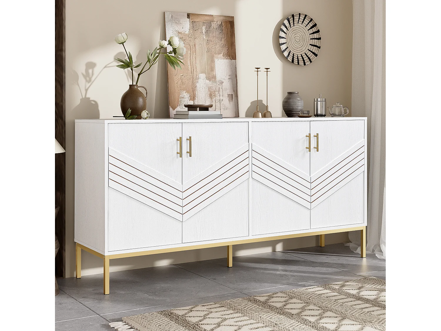 Buffet moderne avec 4 portes, MDF, blanc et bois, avec étagères réglables, (160x40x80.5 cm)