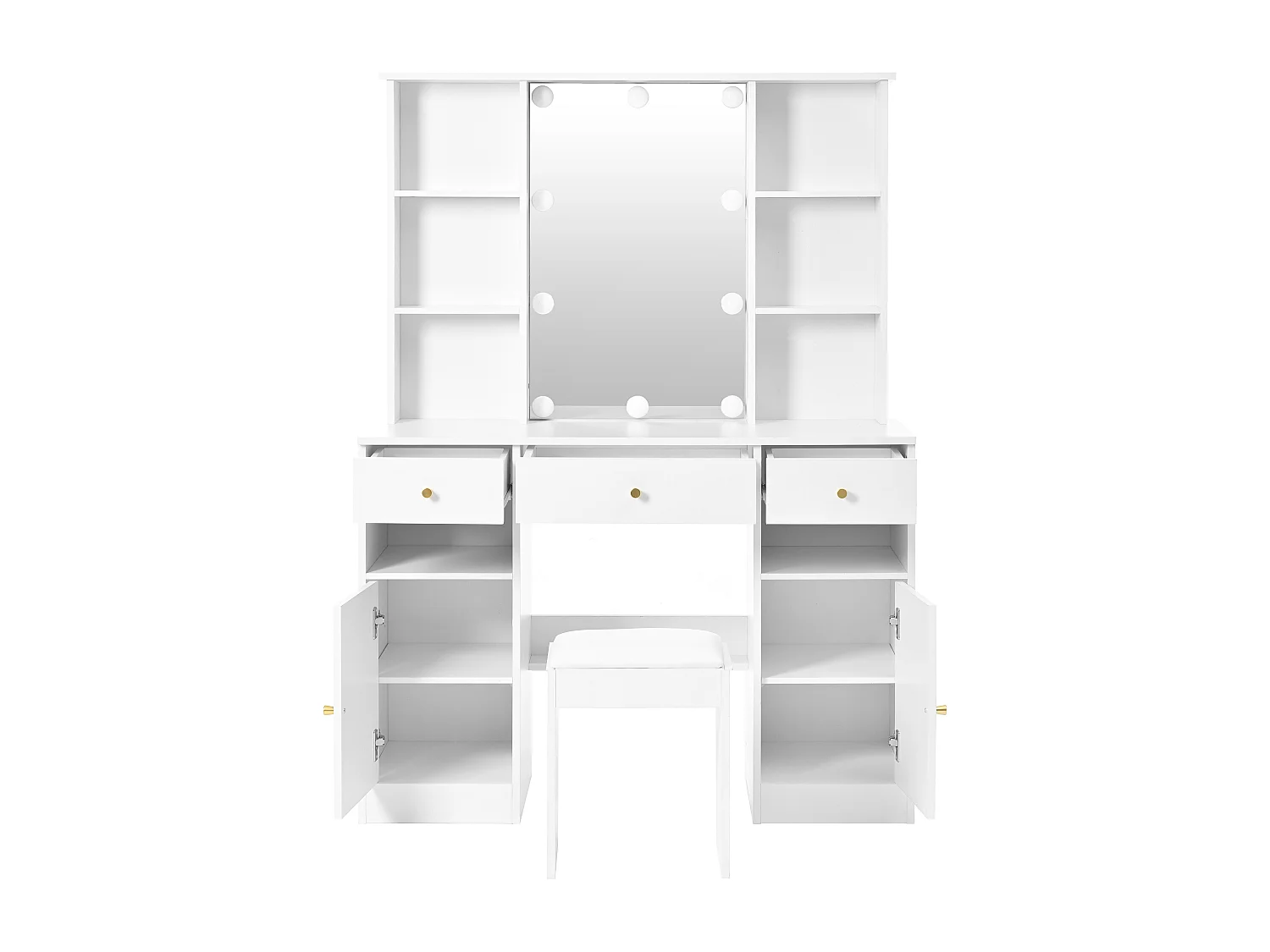 Grande coiffeuse avec éclairage LED, miroir, 3 tiroirs, 2 portes, MDF, blanc (110x40x151 cm)