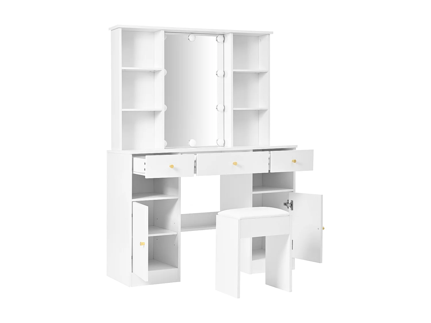 Grande coiffeuse avec éclairage LED, miroir, 3 tiroirs, 2 portes, MDF, blanc (110x40x151 cm)