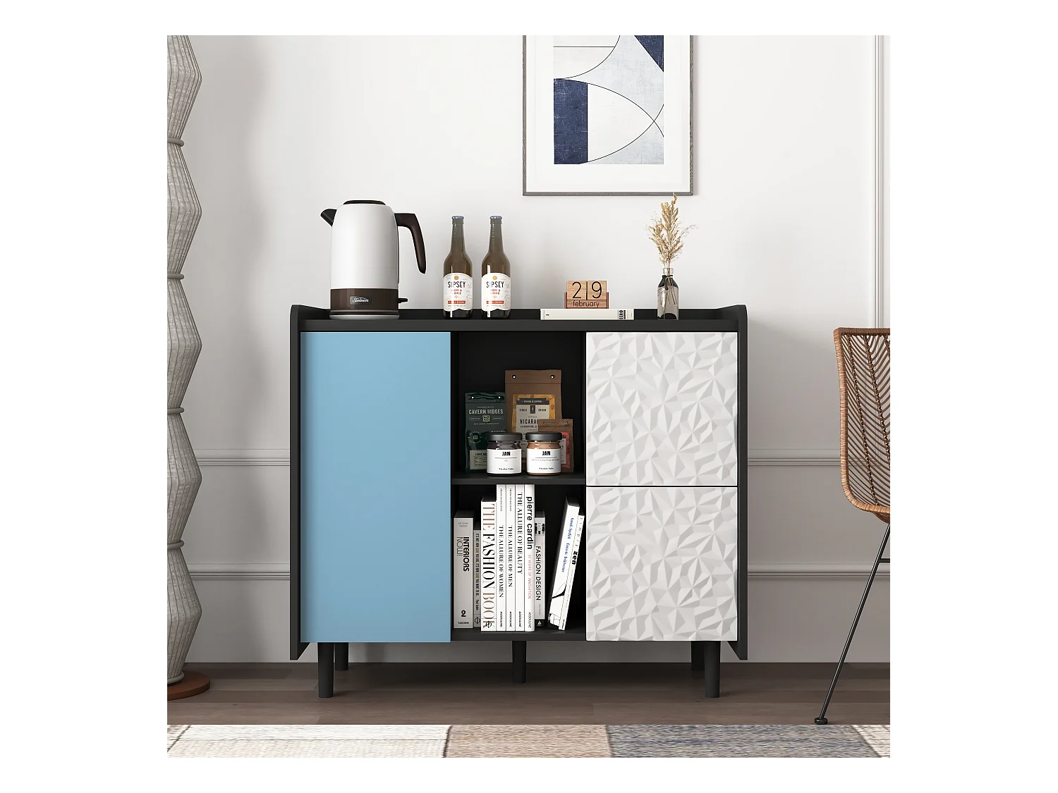 Buffet avec 2 tiroirs, 2 étagères ouvertes et portes bleues, meuble de rangement moderne en MDF noir et bleu (90x40x80 cm)