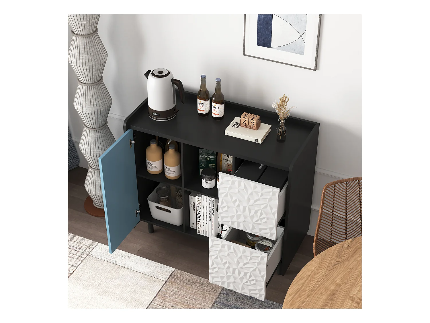 Buffet avec 2 tiroirs, 2 étagères ouvertes et portes bleues, meuble de rangement moderne en MDF noir et bleu (90x40x80 cm)