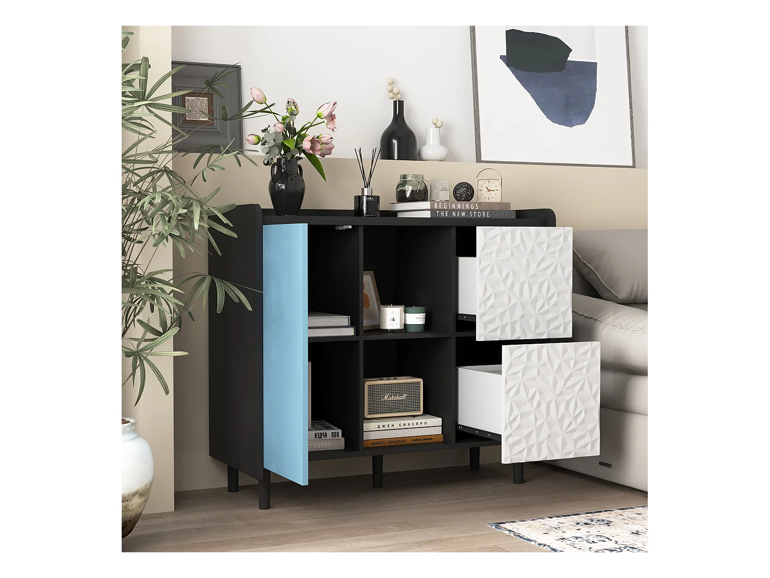 Buffet avec 2 tiroirs, 2 étagères ouvertes et portes bleues, meuble de rangement moderne en MDF noir et bleu (90x40x80 cm)