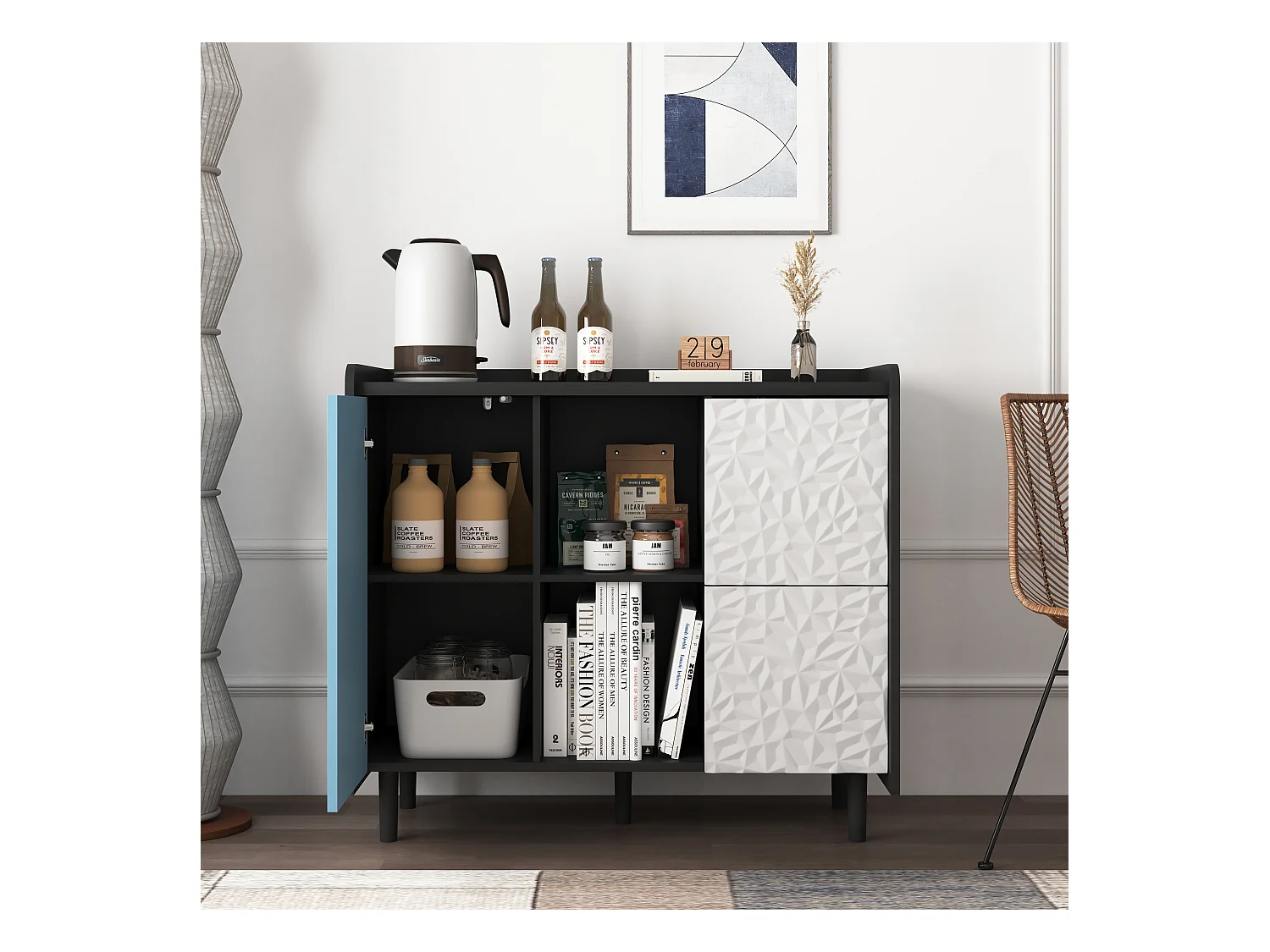 Buffet avec 2 tiroirs, 2 étagères ouvertes et portes bleues, meuble de rangement moderne en MDF noir et bleu (90x40x80 cm)