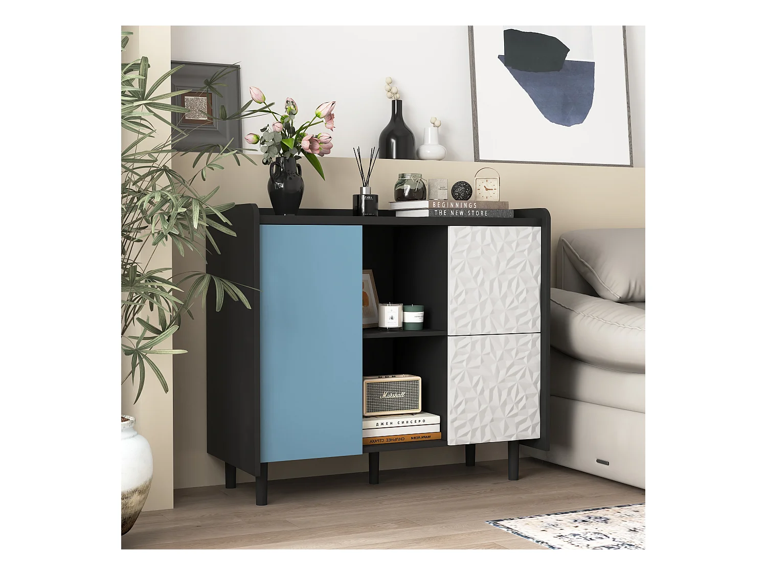 Buffet avec 2 tiroirs, 2 étagères ouvertes et portes bleues, meuble de rangement moderne en MDF noir et bleu (90x40x80 cm)