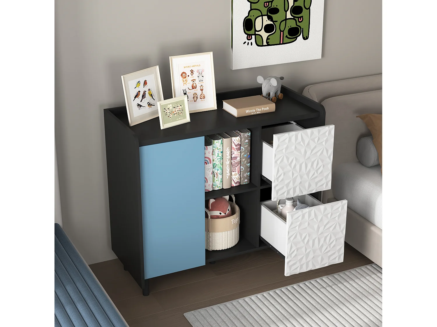 Buffet avec 2 tiroirs, 2 étagères ouvertes et portes bleues, meuble de rangement moderne en MDF noir et bleu (90x40x80 cm)