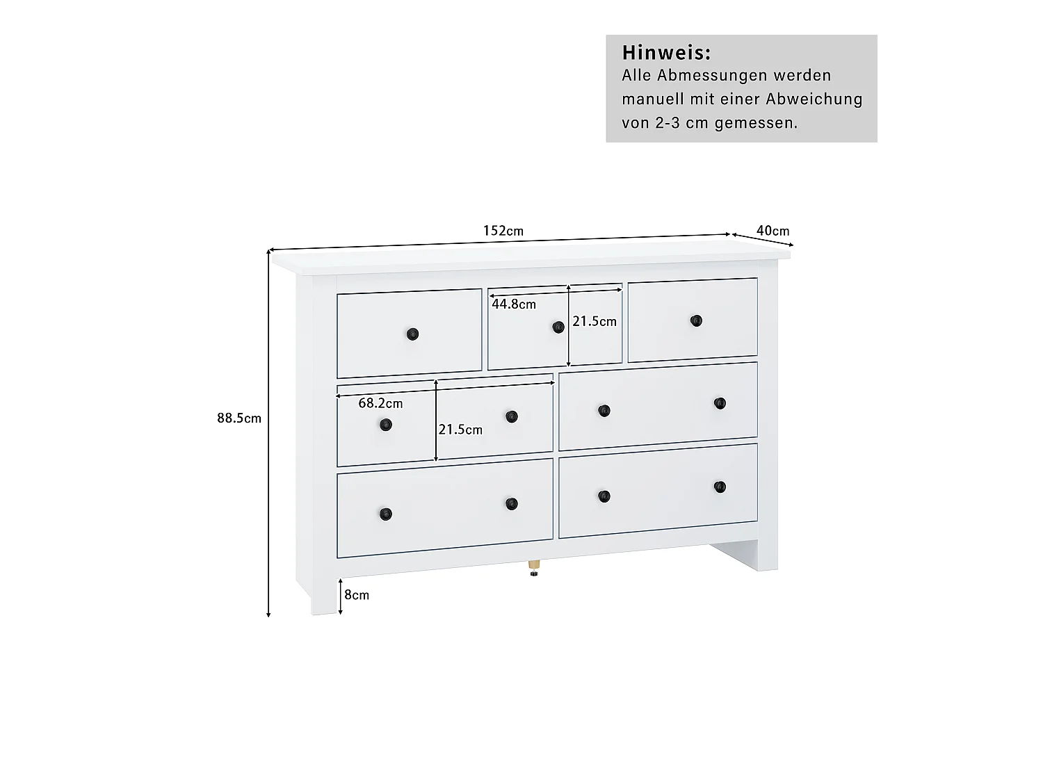 Buffet avec 7 tiroirs, design moderne, MDF, blanc (152x40x89 cm)