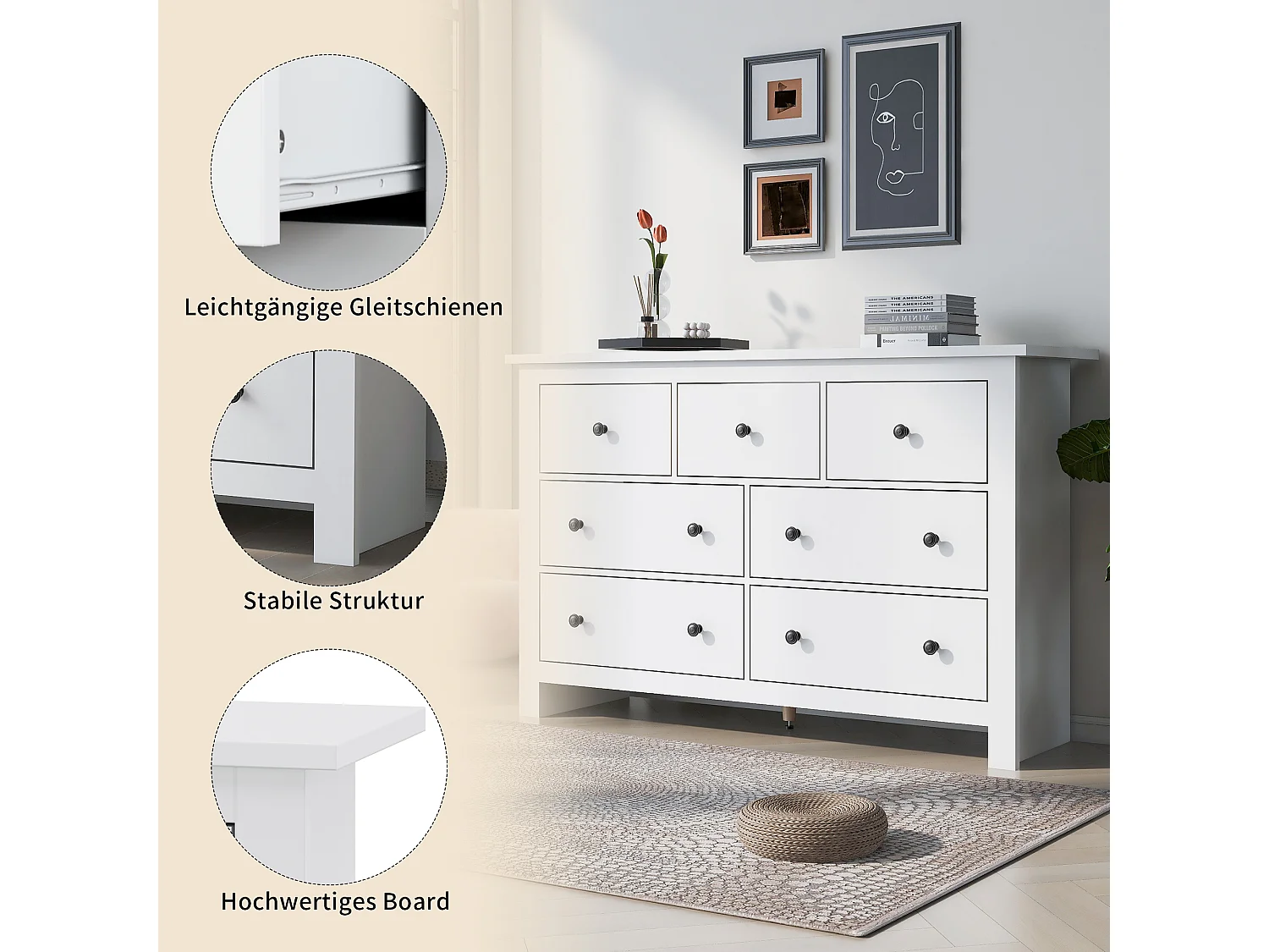 Buffet avec 7 tiroirs, design moderne, MDF, blanc (152x40x89 cm)